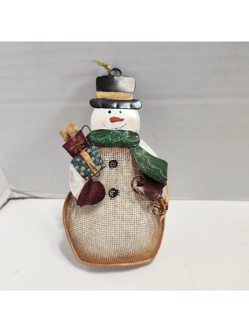 Rustic Mesh Style Snowman Ornament Holding Gifts Top Hat Green Scarf Christmas